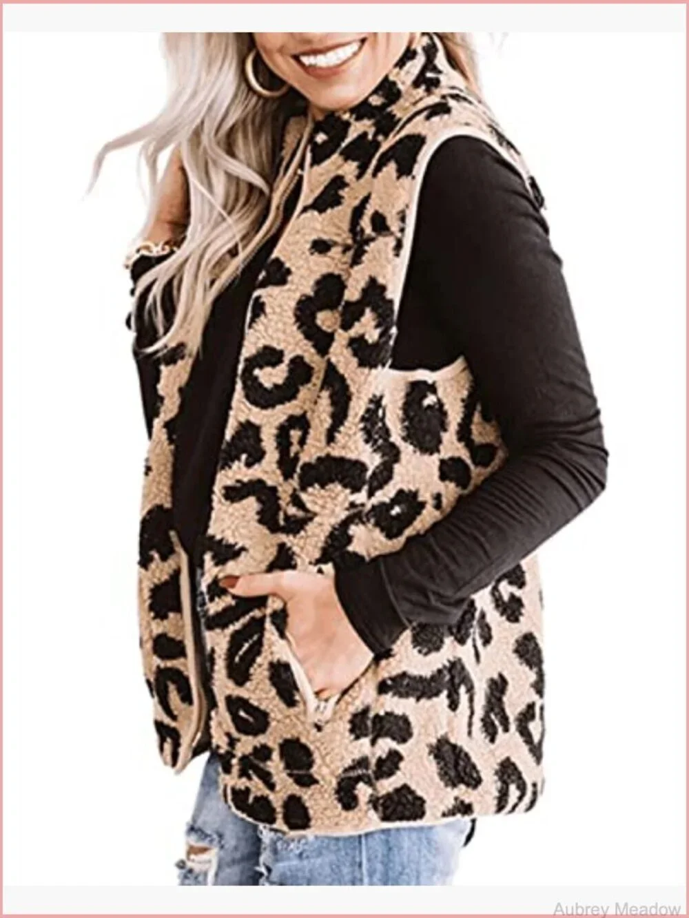 Sleeveless Zip Up Faux Sherpa Fleece Vest with Pockets
